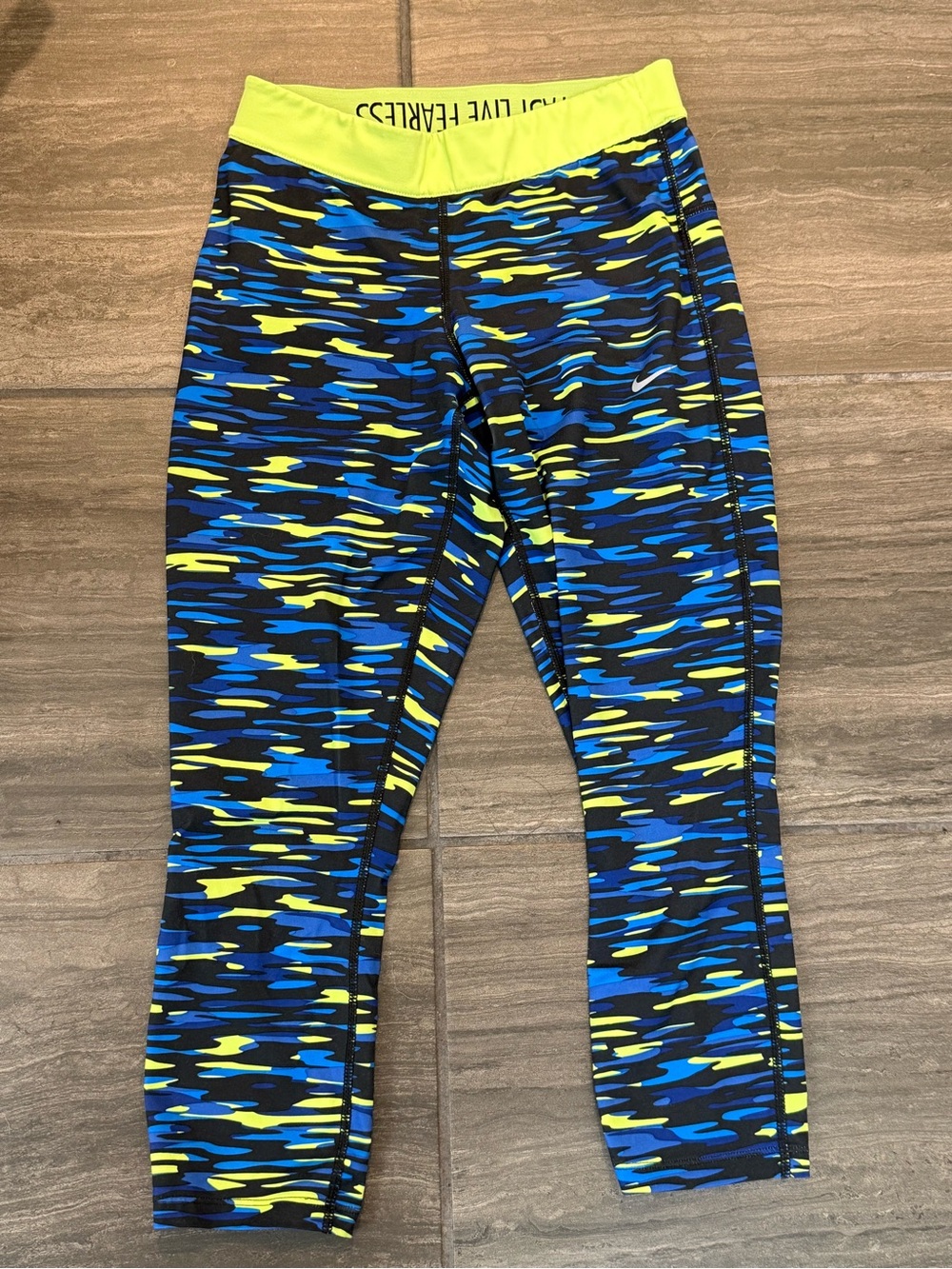 Nike Athletic Capri Compression Leggings- Neon Yellow & Blue Active Print